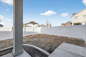 Fenced backyard with a residential view