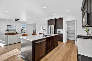 Kitchen featuring open floor plan, stainless steel appliances, dark brown cabinets, an island with sink, and backsplash