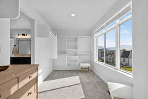 Walk in closet with light carpet