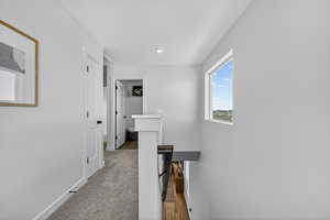 Hall featuring an upstairs landing and light colored carpet