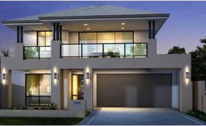 Contemporary house featuring a balcony, driveway, stucco siding, and a garage
