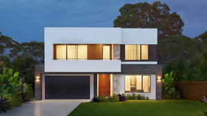 Modern home with driveway, brick siding, a front lawn, and stucco siding