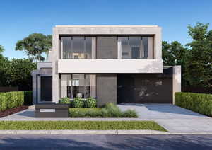 Modern home with concrete driveway, a garage, and stucco siding
