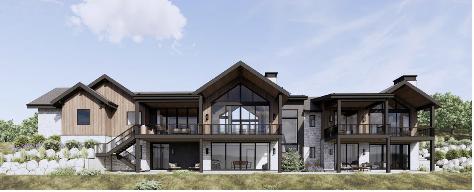 Back of property featuring a patio, stairway, and a chimney