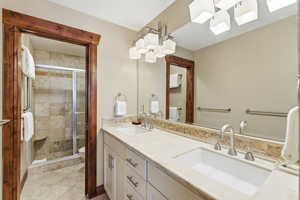 Full bathroom with double vanity and a stall shower
