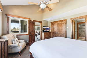 Bedroom featuring ensuite bath, a closet, multiple windows, a ceiling fan, and high vaulted ceiling