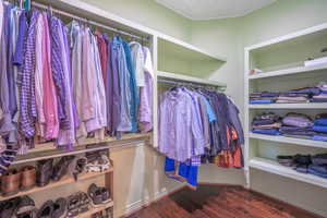 Walk in closet featuring dark wood-style flooring