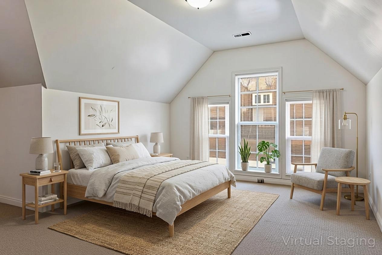 Bedroom featuring light carpet