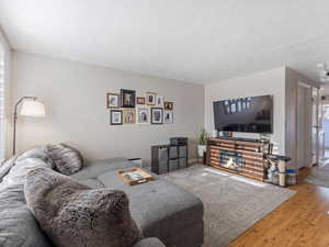 Living area featuring wood-type flooring, a glass covered fireplace, and a textured ceiling