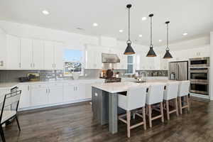 Kitchen with a kitchen island with sink, white cabinets, a breakfast bar area, pendant lighting, and stainless steel appliances