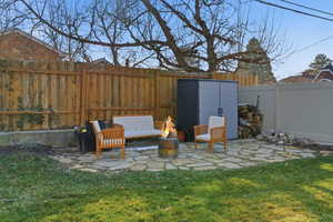 Fenced backyard featuring a patio area
