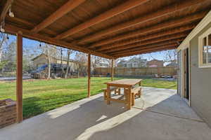 Fenced backyard with a patio area