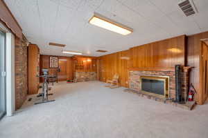 Recreation room with brick wall, carpet, wood burning fireplace, and wooden walls