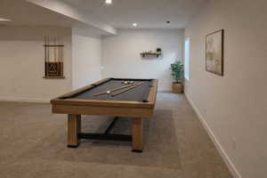 Recreation room featuring billiards, light colored carpet, and recessed lighting