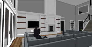 Living area featuring a towering ceiling, stairs, wood finished floors, and a brick fireplace