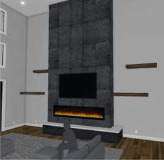 Detailed view of a large fireplace, wood finished floors, and recessed lighting