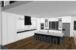 Kitchen with a kitchen breakfast bar, stainless steel appliances, extractor fan, white cabinets, and a center island