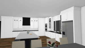 Kitchen with appliances with stainless steel finishes, ventilation hood, white cabinets, and decorative backsplash