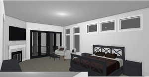 Carpeted bedroom featuring a fireplace