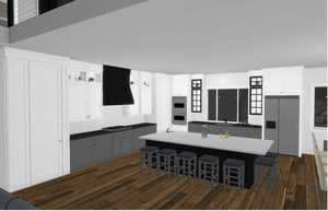 Kitchen featuring gray cabinets, range hood, a kitchen bar, and a large island