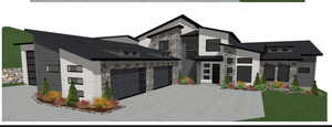 Modern home featuring stone siding, a garage, driveway, and a front yard