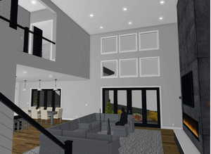 Living area featuring recessed lighting, a towering ceiling, a tile fireplace, and wood finished floors