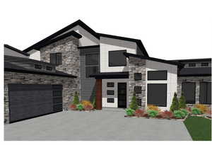 Contemporary home with stone siding, a garage, and driveway