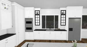 Kitchen featuring multiple ovens, built in refrigerator, white cabinetry, dark wood finished floors, and backsplash