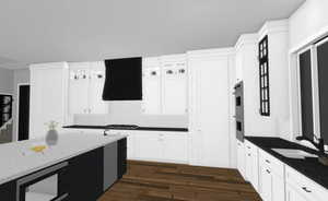 Kitchen featuring dark stone countertops, range hood, white cabinets, and dark wood-type flooring