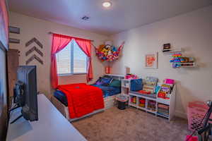 Bedroom featuring dark colored carpet