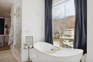 Bathroom featuring a freestanding tub and a shower stall