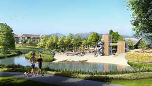 View of home's community with a water and mountain view