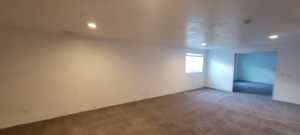 Basement family room featuring recessed lighting and carpet