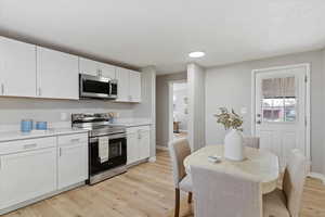 Kitchen with stainless steel appliances, white cabinets, and light wood-style floors