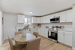 Kitchen featuring stainless steel appliances, white cabinets, and light wood finished floors