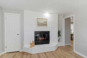 Detailed view of a fireplace and wood finished floors