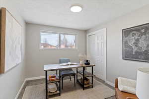 Office space featuring carpet floors and a textured ceiling