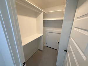 Walk in closet featuring dark colored carpet