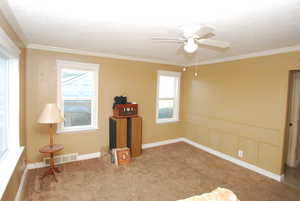 Carpeted spare room with ornamental molding, a ceiling fan, a wainscoted wall, and a decorative wall