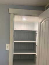 Built-in storage closet featuring white beadboard paneling, recessed lighting, white shelving, and a paneled door