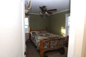 Carpeted bedroom with a ceiling fan, crown molding, and multiple windows