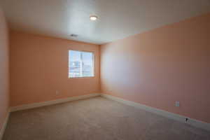Spare room with light colored carpet and a textured ceiling