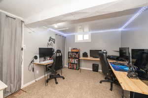 Office featuring light colored carpet and baseboards