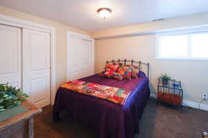 Bedroom with multiple closets and dark carpet