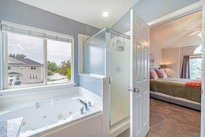 Bathroom featuring ensuite bathroom, a shower stall, a tub with jets, carpet floors, and a ceiling fan