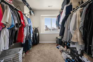 Walk in closet featuring light carpet