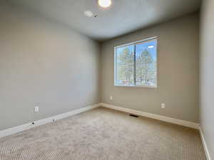 Carpeted spare room with baseboards and a textured ceiling