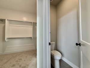 Bathroom featuring a walk in closet and carpet