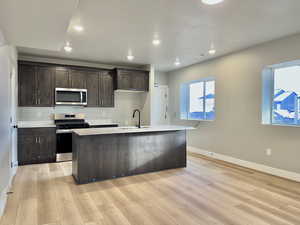 Kitchen featuring dark brown cabinets, stainless steel appliances, a center island with sink, light wood-type flooring, and recessed lighting