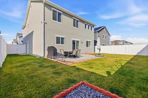Rear view of property featuring a patio area, a fenced backyard, and stucco siding